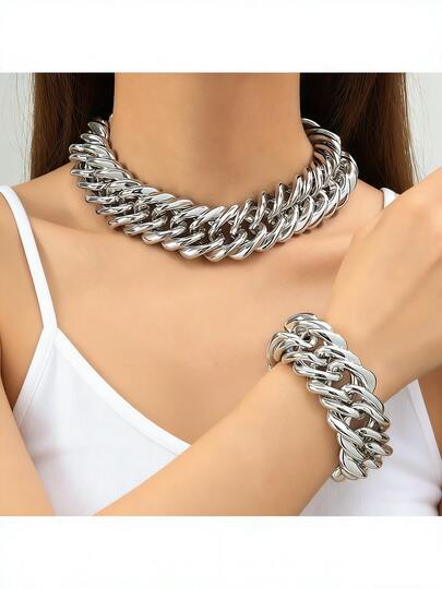 1pc Vintage Punk Style Iron Chain Necklace, Personalized Hip-Hop Cuban Link Geometric Clasp Middle Eastern Festival Gift For Women
