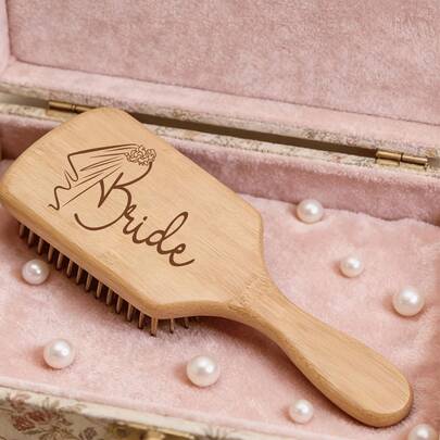 1 Pc Unique Bride Air Cushion Comb, Laser Engraved Wooden Bamboo Hair Brush For Wedding Decoration, Square Paddle Brush For Scalp Massage And Hair Combing, Engagement Gifts, Wedding Gift For Bridal Shower, Bride To Be, Wedding Party Favors