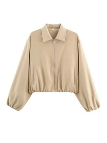 Jaket Wanita Warna Khaki dengan Kantong Resleting - Mantel Kasual Longgar dengan Kerah untuk Musim Semi dan Gugur - Khaki - View 9