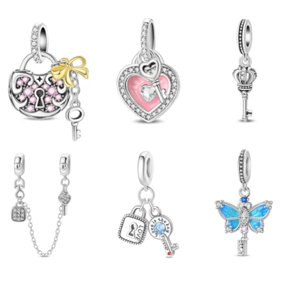 One Silver Plated Lock Key Series - Love Butterfly Pendant Suitable For 3mm Bracelet Bracelet DIY Bead Women's Fashion Jewelry Festival Birthday Gift
