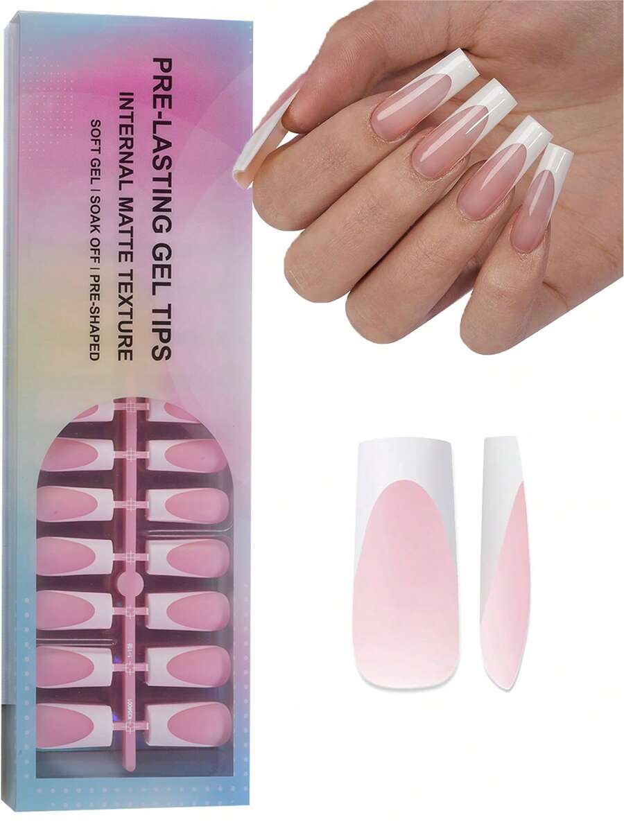 150 piezas de pegatinas de uñas de gel suave francesas, uñas francesas rectangulares rosas adhesivas, uñas postizas de larga duración 3 en 1 para manualidades de manicura, 15 tamaños de uñas de aplicación, suministros para uñas - Rosa - Ver 1