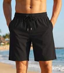 Men's Hawaiian Style Beach Pants, Coconut Tree Print Swimming Pants, Drawstring Waist, Single-Layer Unlined Vacation Beach Casual Pants - 黑色 - 查看 1