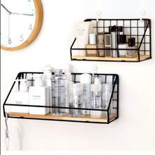 One-Piece Ironwork, Wall-Mounted Shelf Without Drilling, Suitable For Rooms, Living Rooms, Apartment Decoration, Festival Storage Rack, Leisure Bedside Storage Rack, Wall-Mounted Storage Rack (With Hooks) - Black - View 11