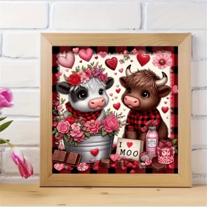 1pc New Cute Calf Love Theme Diamond Painting Kit, 5D Round Crystal Diamond Mosaic DIY Craft, Suitable For Handmade Gifts, Living Room, Bedroom, Christmas, Easter, Valentine's Day, Eid Al-Adha, Hot , Father's Day, Mother's Day, Wedding, Frameless