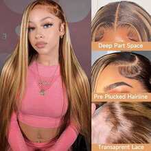 200% 密度 5X5 13X4 高清蕾丝前假发，挑染钢琴直发蕾丝前假发，真人发混纺假发，巴西原生发假发，自然 5X5 13X4 蕾丝前假发带婴儿发，耳到耳瑞士蕾丝 - S4/27 - 查看 5