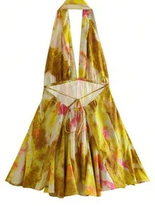 女士印花V领无袖露背短款吊带连衣裙，度假风、波西米亚风、波西米亚连衣裙、复古风、圣帕特里克节服装、复活节服装、夏季服装、圣帕特里克节、波西米亚风、西部牛仔女郎服装、演唱会服装、锐舞音乐节服装、乡村音乐节服装、纳什维尔服装、伊比沙岛服装、西部牛仔女郎服装、仙女风、毕业礼服 - 黃色 - 查看 11