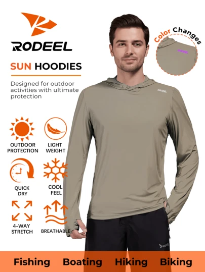 RODEEL Men's Outdoor Hooded Sweatshirt With Thumb Hole And Color Changing Logo Design, Soft And Lightweight With 4-Way Stretch, Suitable For Fishing, Boating, Hiking, Roofing, Gardening, Construction And Other Outdoor Activities