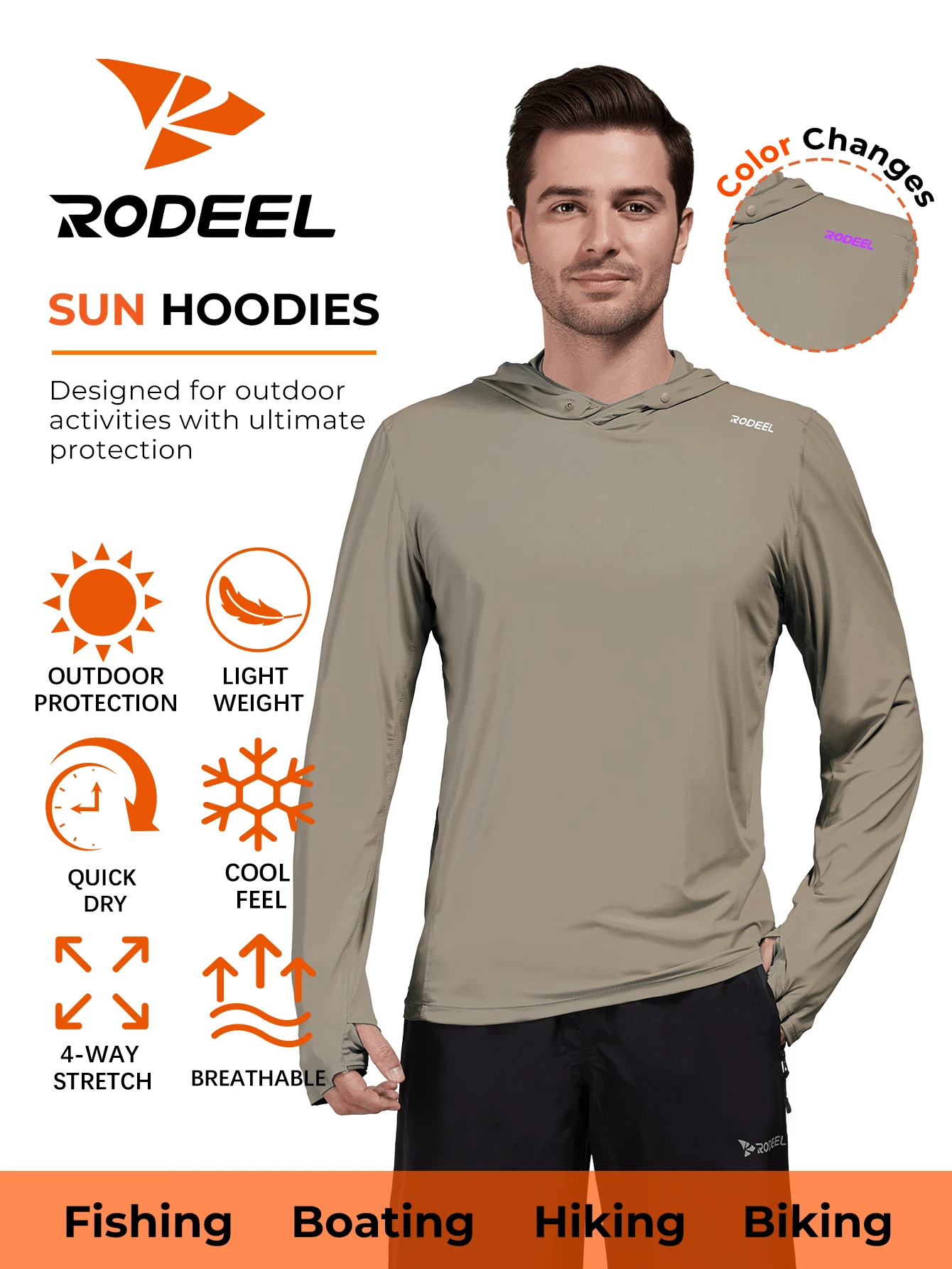 RODEEL 男士户外连帽卫衣,带拇指孔和变色Logo设计,柔软轻便,四向弹力,适合钓鱼、划船、徒步旅行、屋顶作业、园艺、建筑和其他户外活动。 - 棕色 - 查看 1