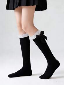 1/2 pares de calcetines altos hasta la rodilla blancos con volantes y lazo, estilo dulce y versátil, nueva llegada de primavera - Multicolor - Ver 7