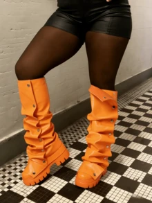 Women Mid Calf Boots Platform Heels Ruch Boots Knee High Fold Over Chunky Heel Short Booties Round Toe Wide Calf Pull-On Shark Boots Daily Party Y2K Dress Boots For Woman - Cam A - Xem 2