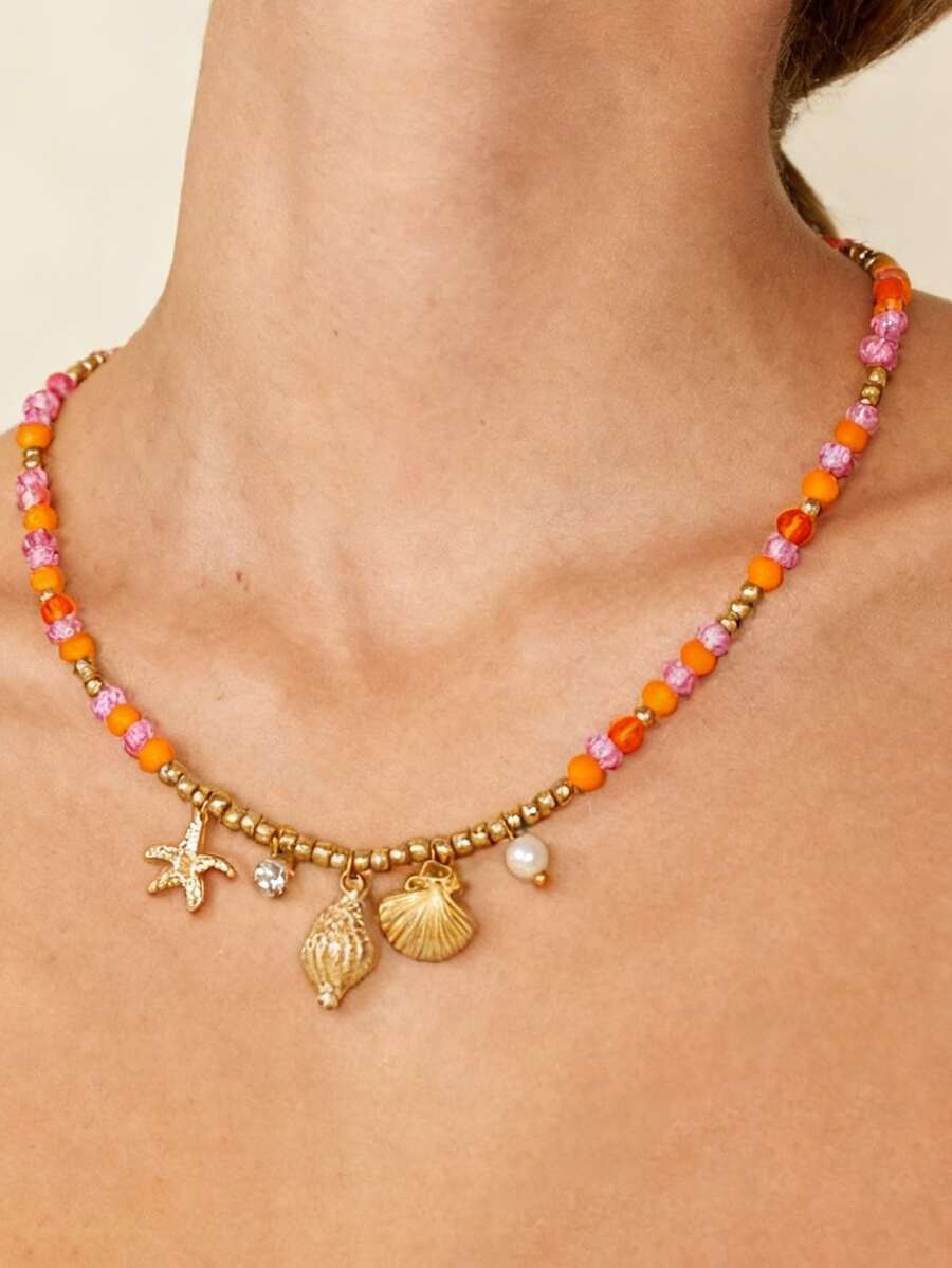1件简约海星贝壳仿珍珠吊坠项链，搭配人造水晶珠，适合女性日常佩戴、度假、派对、海滩等场合。 - 彩色 - 查看 1
