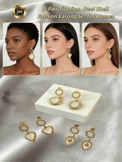 3pairs Summer Jewelry 18k Gold Plated Stainless Steel Spiral Scallop Piano Earrings Luxury Jewelry