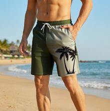 Men's Hawaiian Style Beach Pants, Coconut Tree Print Swimming Pants, Drawstring Waist, Single-Layer Unlined Vacation Beach Casual Pants - 綠白 - 查看 3