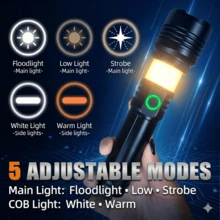 huukers 2-In-1 Rechargeable Spotlight & Floodlight, With Fresnel Lens - High Lumens Zoomable Beam,15000mAh Battery With Real-Time Power Display, 500m Beam Distance, Compact Aluminum Body, Best For Power Outage, Car Maintenance & Night Walking, Space-Saving & Versatile Essential For Home & Travel. - Black Aluminum Tactical Flashlight - 查看 2