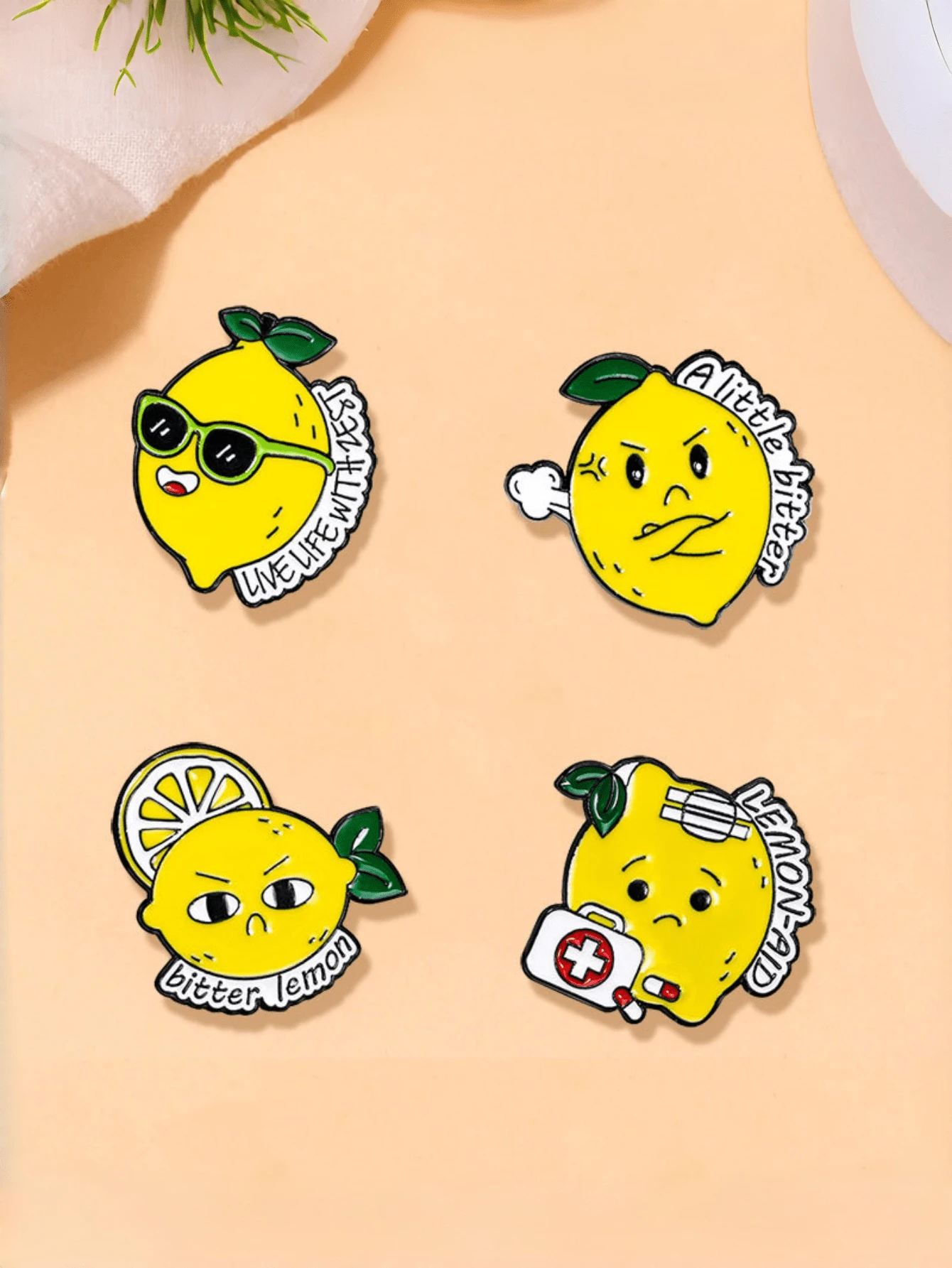 1/4PCS Cute Cartoon Little Lemon Letter Enamel Pin, Angry Unhappy Lemon Dripping Oil Badge, Fashion Alloy Brooch For Bags Clothing - Multicolor - View 1