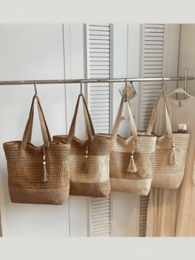 新款纯色编织耐用轻便便携经典休闲时尚多功能舒适大容量手提包，适合购物、旅行、度假及各种场合。 - 彩色 - 查看 1