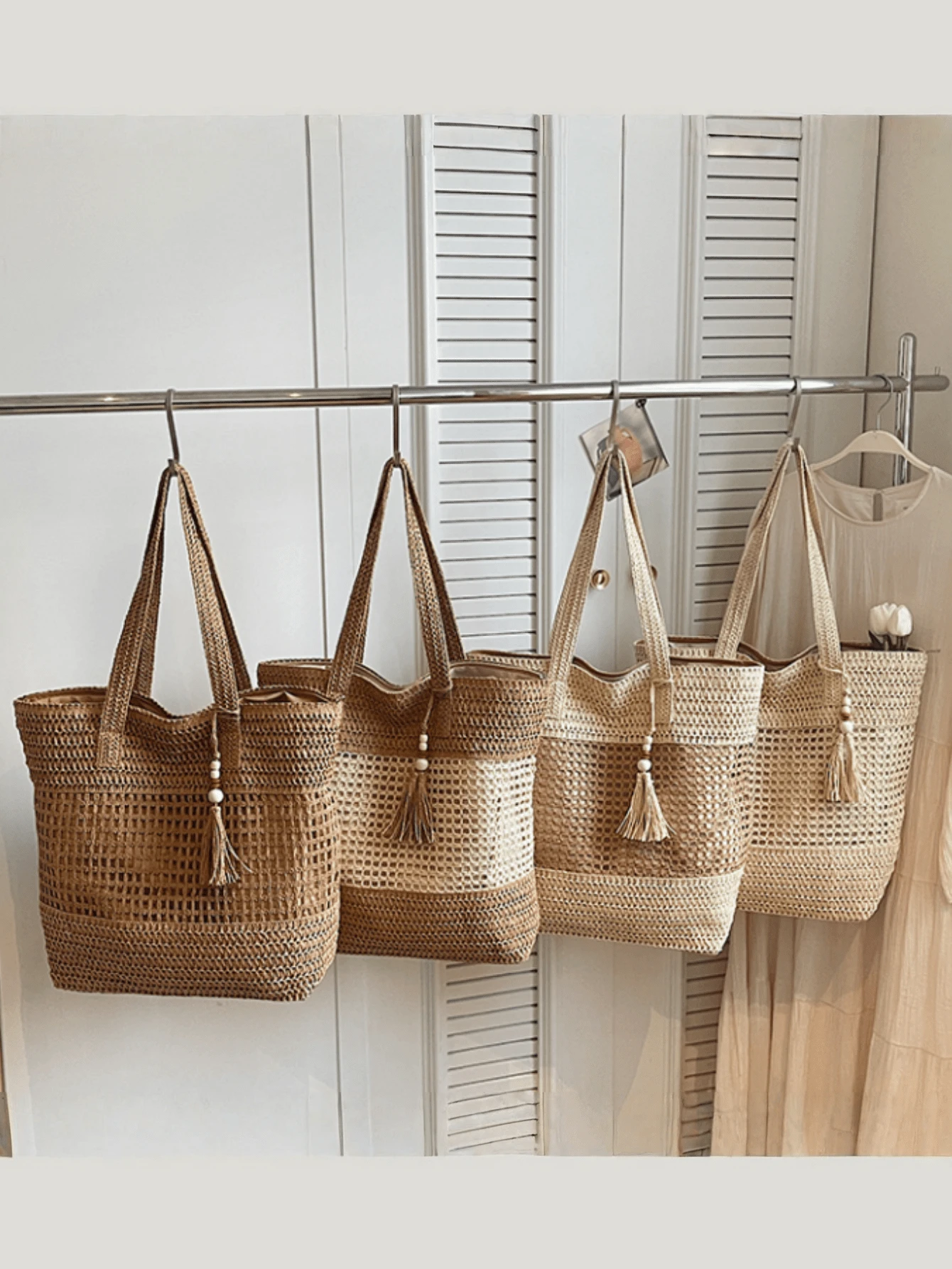 新款纯色编织耐用轻便便携经典休闲时尚多功能舒适大容量手提包，适合购物、旅行、度假及各种场合。 - 彩色 - 查看 1