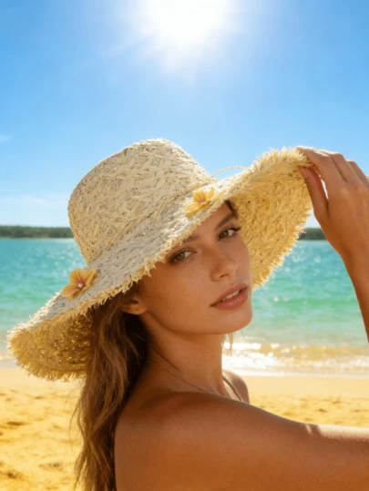 Sombrero de paja de playa decorado con hibiscos: Sombrero de sol de ala ancha con estilo bohemio, decorado con flores tropicales coloridas, ligero y transpirable, ideal para vacaciones en la playa, piscina y aventuras de verano