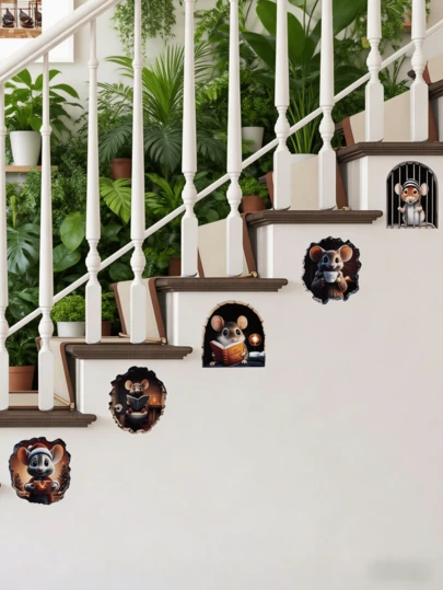 1张3D立体墙贴，包含5只可爱的小老鼠——创意艺术设计，自粘材质，易于移除。适用于浴室或家居装饰，也是送给爱鼠人士的完美礼物。