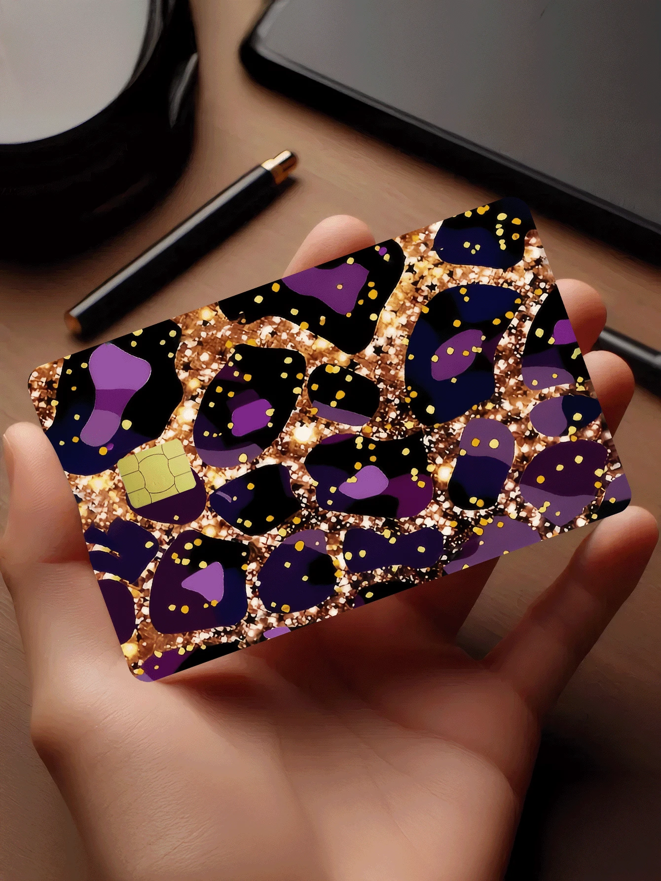 1pc Purple & Gold Leopard Print Credit Card Sticker, Purple Ladies' Birthday Gift, PVC Material Anti-Fingerprint Durable Scratch-Resistant, Suitable For Men & Women, Couples, Small Chip Card, Bank Card, Transportation Card, Student ID Card DIY - Multicolor - View 1