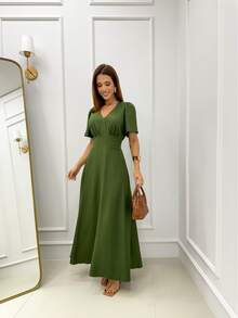 Women's Plain Long Dress With V-Neck And Defined Waist, Elasticated Back And Short Sleeves - xanh quân đội - Xem 5