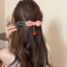 1个布艺蝴蝶结树脂樱桃吊坠简约时尚发夹（鸭嘴夹） - 彩色 - 查看 6