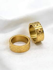 1pc Unique Creative Stainless Steel 18K Gold Plated Chessboard Pattern Ring, Casual Daily Accessory For Men - Gold - View 3