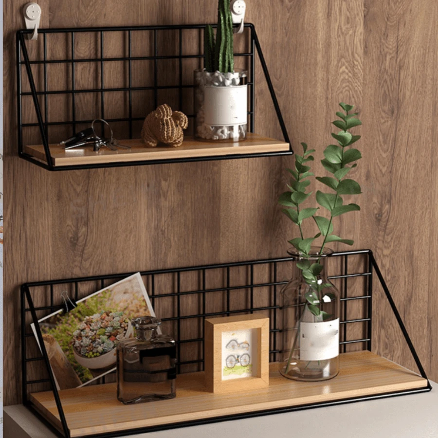 One-Piece Ironwork, Wall-Mounted Shelf Without Drilling, Suitable For Rooms, Living Rooms, Apartment Decoration, Festival Storage Rack, Leisure Bedside Storage Rack, Wall-Mounted Storage Rack (With Hooks) - Black - View 1