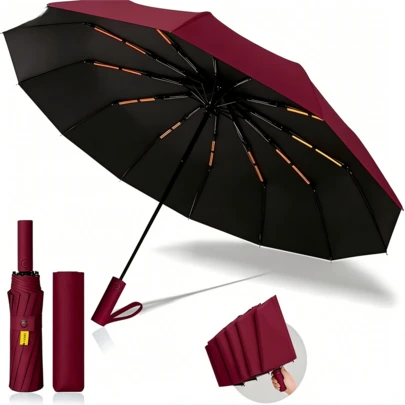 AMOROSA 1 pieza Paraguas Automático Plegable con 24 Varillas Reflectantes, Paraguas Reforzado Resistente al Viento, Sombrilla Grande con Protección UV para Lluvia y Sol, Ideal para Hombres y Mujeres