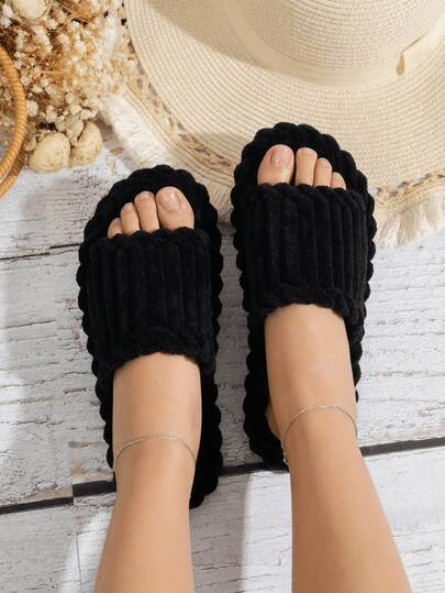 Women's Corduroy Open Toe Slippers, Beige Spring/Summer Indoor House Slippers, Slide Sandals
