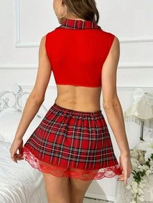 1 Bộ đồng phục học sinh cosplay màu đỏ gồm 2 món, váy xếp ly kẻ caro dễ thương, trang phục hóa trang ngày Valentine, trang phục cổ vũ. - Đỏ - Xem 5