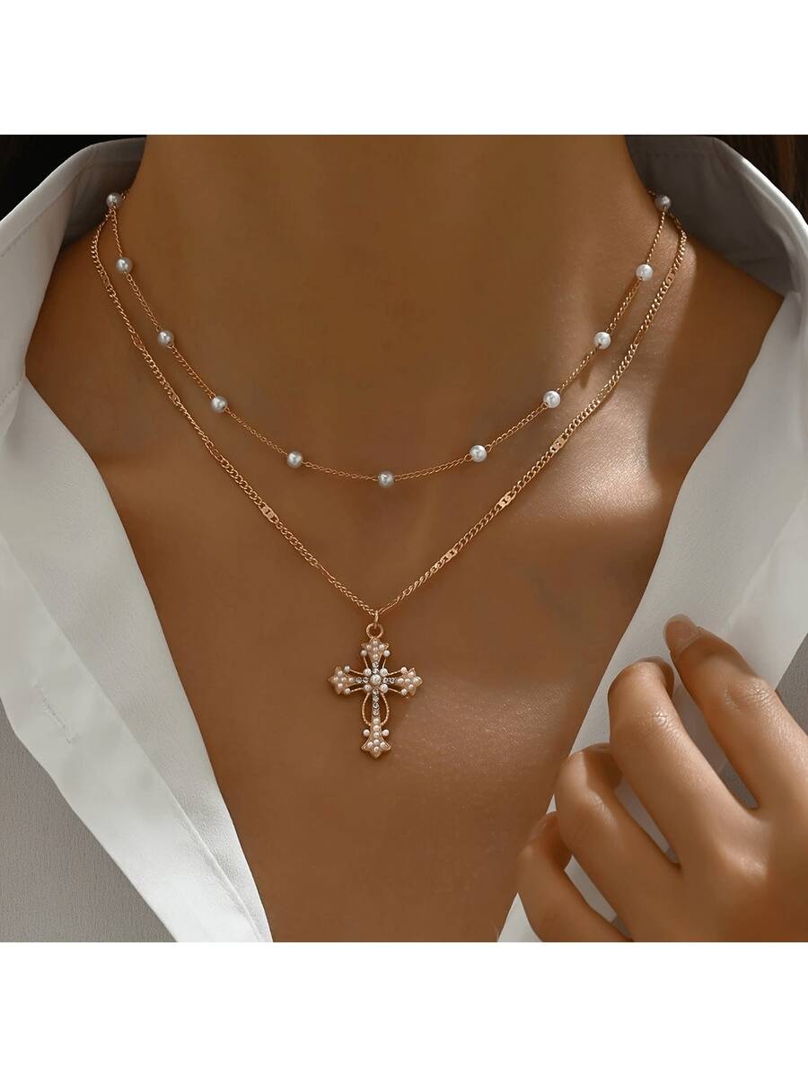 一件夏季简约时尚波西米亚风首饰，仿珍珠锁骨链，女士项链，创意十字架吊坠项链，可多层叠戴，日常搭配，节日礼物，沙滩首饰，适合假日家庭聚会。 - 金色 - 查看 1