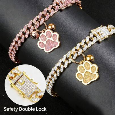 2件装奢华水钻猫爪宠物项圈，优雅可爱，时尚耐用，舒适可调节，猫狗通用