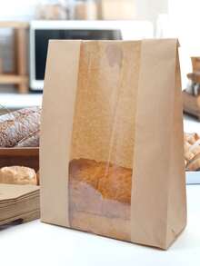 50个/25个/10个装大容量面包袋（含袋子和贴纸），透明窗口面包吐司袋，适用于自制面包，完美包装和储存烘焙产品。食品袋，适用于婚礼、生日、派对和学校用品。家庭必备烘焙袋。厨房用品礼品袋。 - 棕色 - 查看 3