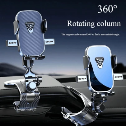 360°旋转重力夹式可调节手机支架，一键操作，视野无遮挡，适用于4.0-7.0英寸智能手机，仪表盘/遮阳板安装，兼容和安卓手机，承重力强，是送给家人、朋友和驾车人士的绝佳礼物。