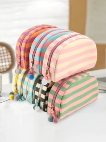 Personalized Embroidered Striped Shell-Shaped Dopamine Color Makeup Bag, With Zipper And Pom Pom Decor, Customizable With Name/Text, Portable Travel Storage Pouch - Multicolor - View 2