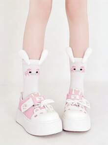 1双可爱兔耳设计透气中筒袜，适合春夏穿着 - 彩色 - 查看 1