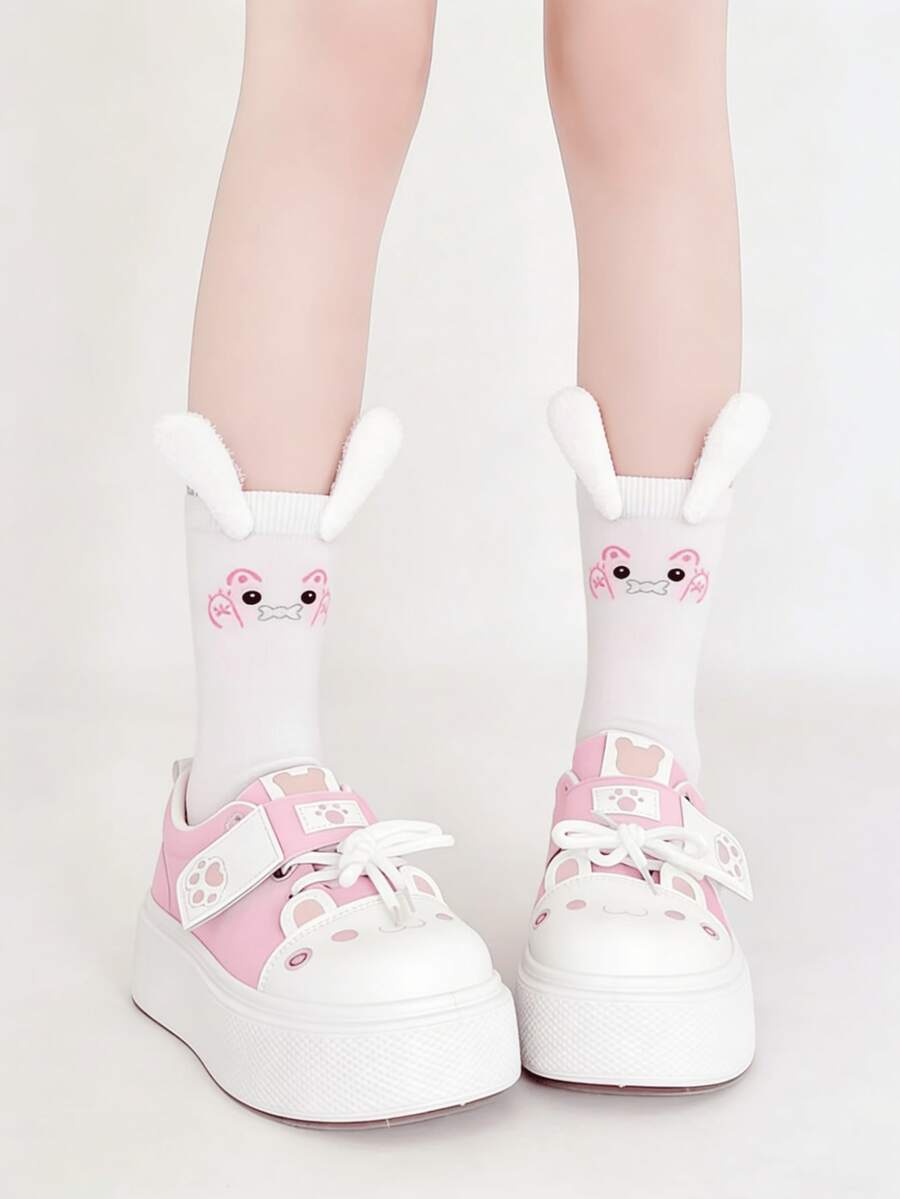 1双可爱兔耳设计透气中筒袜，适合春夏穿着 - 彩色 - 查看 1