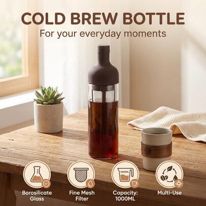 1000毫升高硼硅玻璃冷萃咖啡壶，便携式防漏冷萃咖啡壶带滤网，水果茶壶