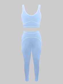 LovelyWholesale Women's Sporty Contrast Trim Cropped Tank Top And Leggings Set, Suitable For Fitness And Workout - Blue - View 6
