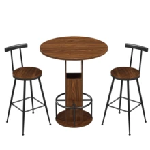 3-Piece Bar Table And Stool Set, 31.5-Inch Round Table With Two Stools, Wooden Dining Table With Ring-Shaped Metal Footrest. Suitable For Dining Rooms, Cafes, Bars, Living Rooms, Etc. Walnuts - Rust Brown - View 11