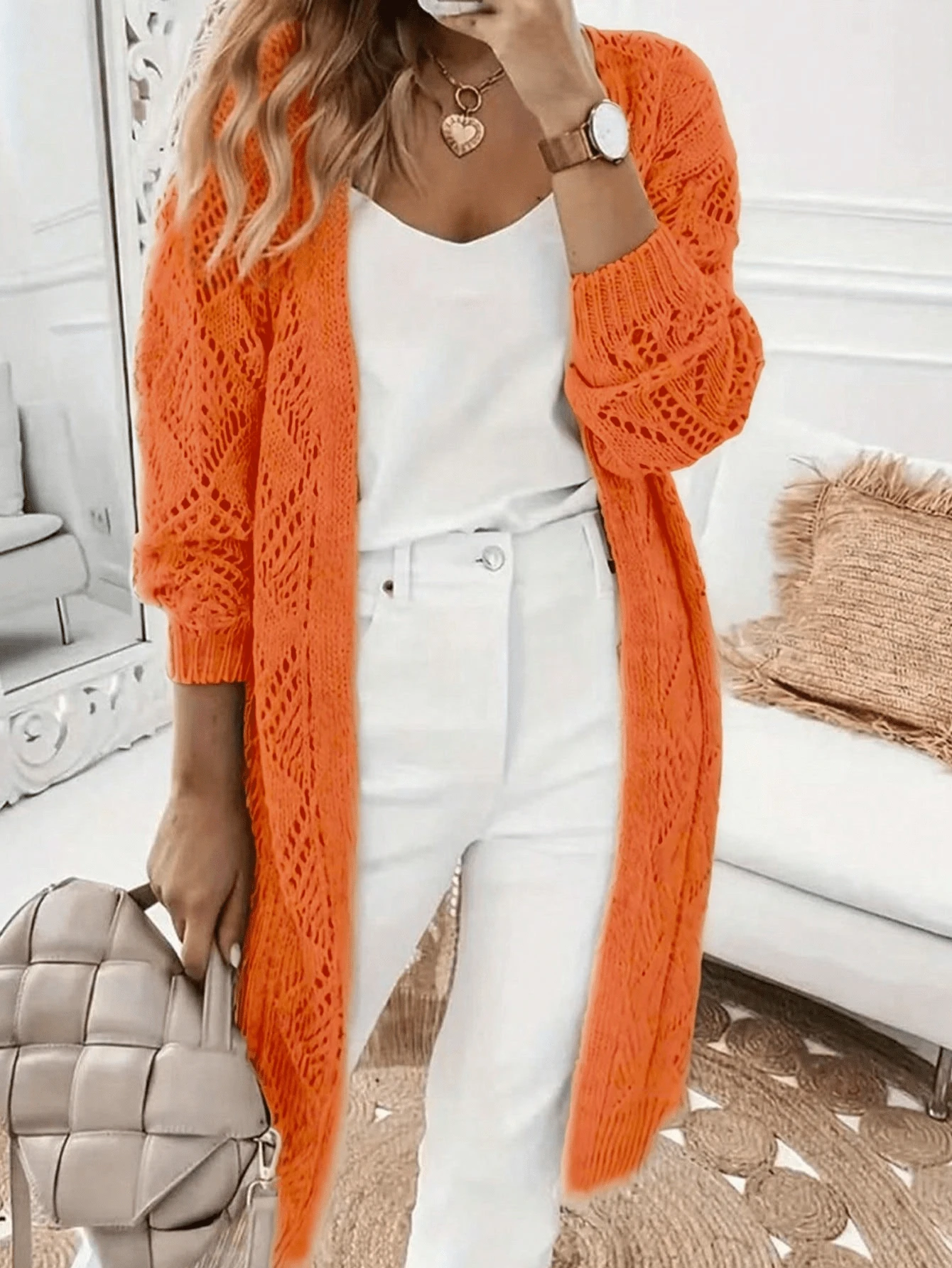 Women's Casual Long Sleeve Solid Color Hollow Out Knit Cardigan - Front Button Design Spring - Orange - View 1
