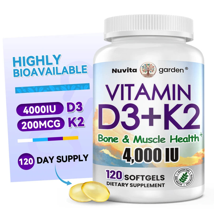 Vitamin D3 K2 Supplement, 4000 I U Vitamin D3 Plus 200 Mcg Of Vitamin K2,Support Heart & Bone Health, 120 Day Supply, 120 Vegetarian Softgels - 120抽 - 查看 1