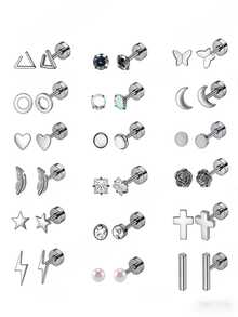18件套不锈钢耳环套装，男女皆宜，款式包括星星、月亮、花朵、心形、叶子、蛋白石，20G耳骨耳环，低过敏性平底耳钉，适合穿刺佩戴。 - 彩色 - 查看 5