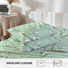 3/4-Piece Timeless Floral Branch Design, Home Bed Sheet Set, (14" - 17") Deep Pocket, Soft Cooling Breathable Bedding Set, 1 Flat Sheet, 1 Fitted Sheet, 1/2 Pillowcases, Relaxing Natural Style Bed Sheets For Room Decor & Ideal Gift - màu xanh lá - Xem 2