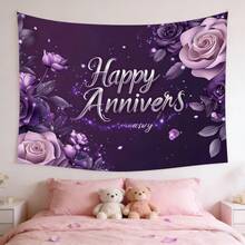 1pc Wedding Anniversary Banner - Elegant Purple & Pink Lavender Floral With Golden "Happy Anniversary" Text, 1st/5th/10th/25th/50th Year Celebration Backdrop, Durable For Indoor/Outdoor Party Decorations (Easy To Hang), 2D Flat Perfect Date Banner Supplies, Home Decor, Room Decor, Holiday Decorations Tapestry - Kiểu_1 - Xem 2