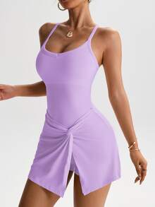 Tennis One-Piece Skirt Pants With Anti-Bareness Elasticated Skirt Hem, Cross-Shoulder Straps, Open Back, Yoga Wear For Women - Màu tím - Xem 2