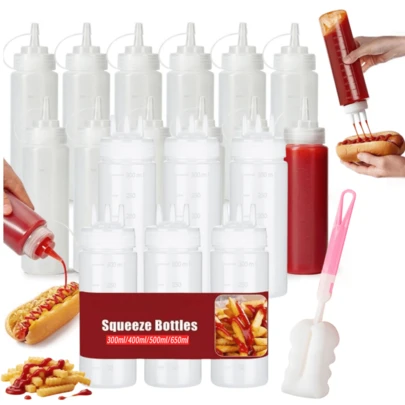 4pcs Set, Including 3 Squeeze Bottles And 1 Cleaning Brush, 300ml 400ml 3-Hole Condiment Squeeze Bottles, Commercial & Household Dual-Use, Condiment Squeeze Bottles With Cleaning Brush, Tomato Salad Sauce Squeeze Bottle, PE Plastic Sauce Squeeze Bottle