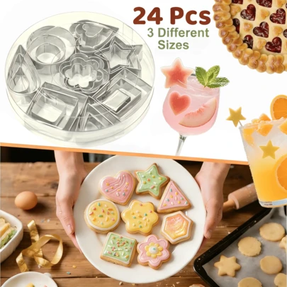 24件套不锈钢迷你饼干模具套装，包含水果和蔬菜形状的模具，可用于鸡尾酒装饰、DIY烘焙、蛋糕装饰、派艺术、便当和黏土工艺品制作，厨房工具