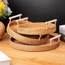 1pc Japanese Round Rattan Woven Storage Tray, Handmade Snack Fruit Bread Bun Display Platter With Handle - Mocha Brown - View 8